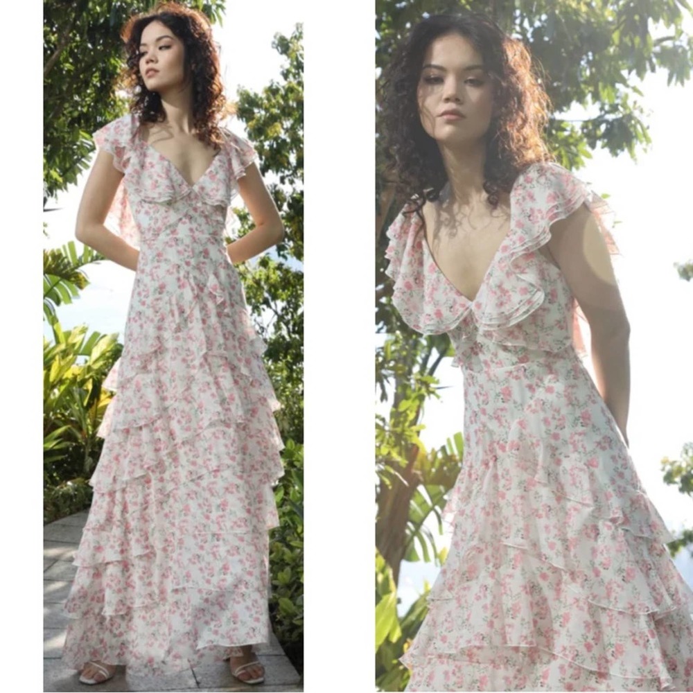 NWT SAU LEE White and Pink Rosie Floral Tiered V Neck Maxi Dress Size 8
